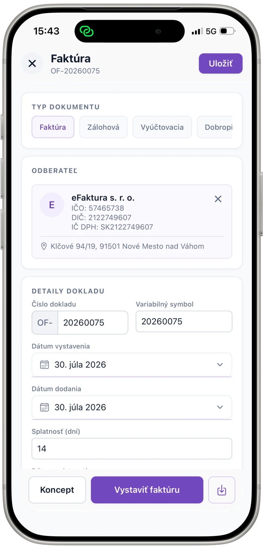 Mobilná aplikácia eFaktúra: vystavenie faktúry